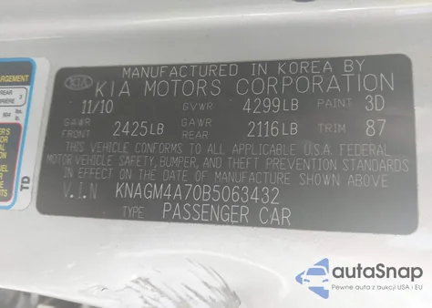 2011 Kia Optima Lx from USA, damaged, VIN KNAGM4A70B5063432